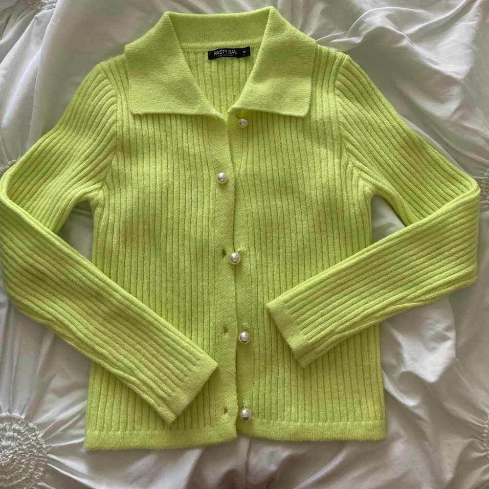 Nasty Gal Lime Green Pearl Long Sleeve Button Up Top, Size M, Like New